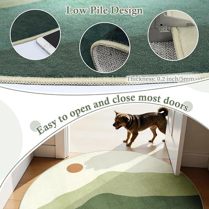 4ft Abstract Round Rug,Soft Washable Non-Slip Mountain Circle Classroom Rug,Chic Stain Resistant Low-Pile Throw Rugs for Entryway/Bedroom/Nursery/Living Room(Green)