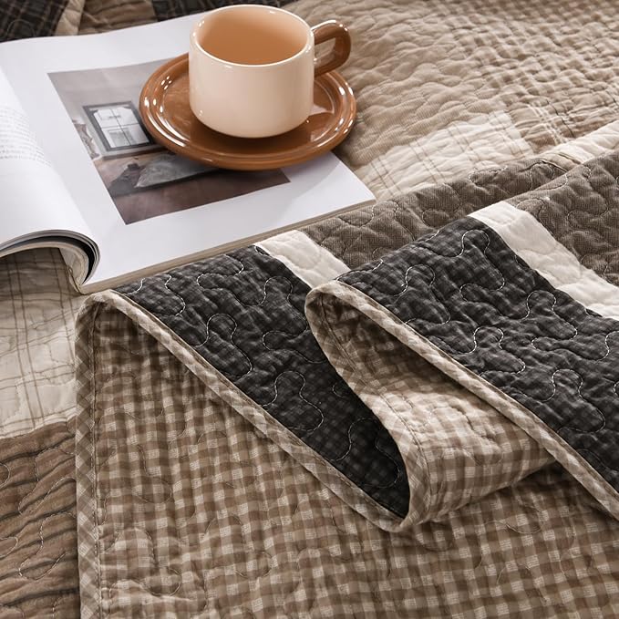 EWlinens 100% Cotton 120"x102" Oversized Queen Bedspread - Reversible Patchwork Plaid Extra Large Quilt Bedding Set, Queen Bedspreads Coverlet Set, Lightweight Cozy Luxurious Quilts, 3pcs, Brown/Beige