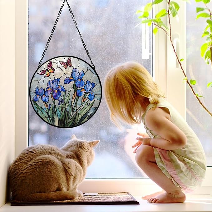 DASTOLL Stained Glass Window Hanging, Blue Iris Flowers Butterfly Suncatcher Diamond Colorful Glass Panel Sun Catchers Decor for Birthday for Women, Men, Wife, Aunt, and Mom 11.8 in