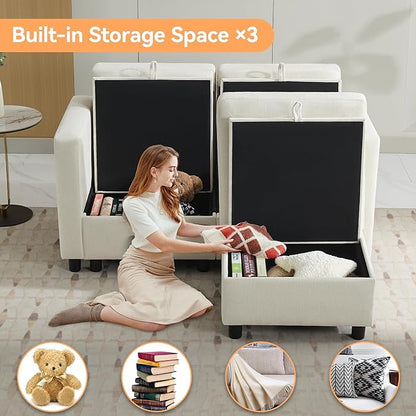 58”Modular Sectional Loveseat Sofa with Storage, Comfy Office L Shaped Sofa Couch, Chenille Love Seat Modular Sectional Couch with Movable Ottoman for Living Room, Bedroom, Beige