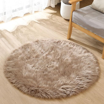 Beige 3ft Round Fluffy Shaggy Rug Washable Soft Area Rug for Living Room Bedroom Cute Room Decor Circle Nursery Rug Faux Fur Carpet