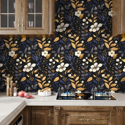 Blue/Gold Leaf Wallpaper Peel and Stick Vintage Dark Floral Wallpaper Waterproof Self Adhesive Removable Boho Wall Paper Modern for Bedroom Walls Drawer Cabinet 17.5in x118in