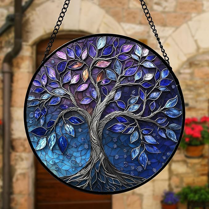 DASTOLL Stained Glass Window Hanging, Blue Purple Tree of Life Sun Catchers Colorful Glass Panel Plants Suncatcher Decor for Birthday for Women,Men,Wife, Lovers, and Mom 7.8 in