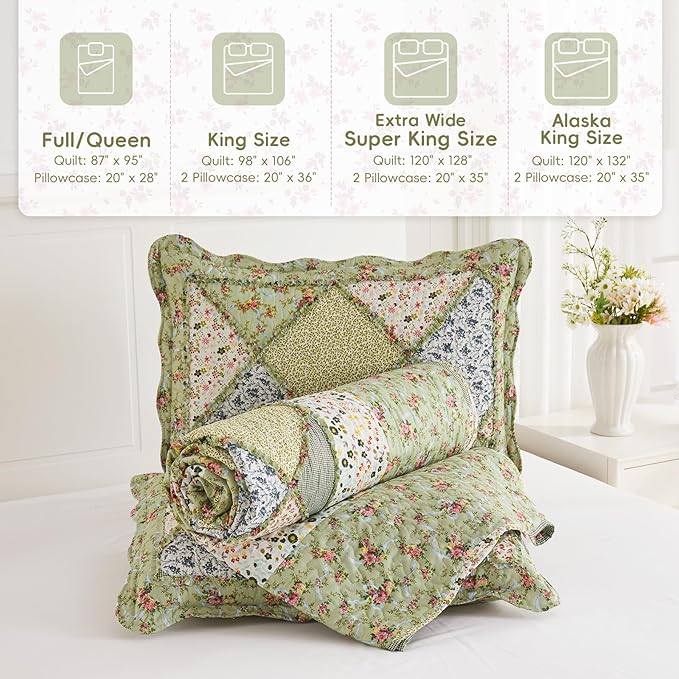 VIVILINEN Full Queen Size Green Patchwork Quilt Set Reversible Quilted Bedspread Coverlet Set 3-Piece Floral Lightweight Comforter Stitched Bedding Set Bed Sheet Set Cover Blanket with 2 Pillow Shams
