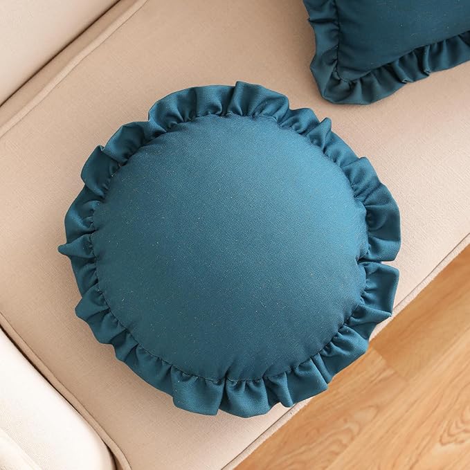 ISAENNE Classic Blue Round Throw Pillow Cover Diameter 16", Solid Color Farmhouse Linen Cotton Decoration Pillow Cover with Ruffles, Sturdy Throw Pillow Case for Couch Sofa Bed Living Room