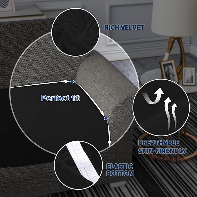 MAXIJIN Velvet Stretch Cushion Cover Fitted Couch Cushion Slipcovers 1 Pack Arm Chair Seat Cushion Cover for Individual Cushion Sofa Chair with Elastic Bottom (Chair Cushion, Black)