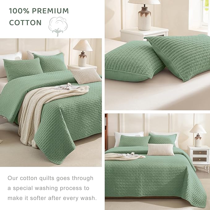 Sanracie Cotton Oversized King Bedspread(128"x120"), Green Ultra Soft Stonewashed Extra Large Wide Oversized Quilt Sets Cross Stitch Lightweight Crinkle Coverlet Set 3Pcs for All Season
