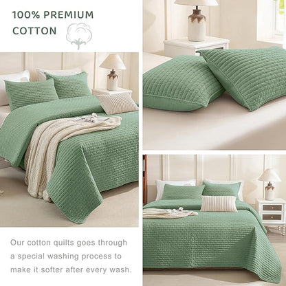 Sanracie Stonewashed Cotton Coverlet King Size(110"x98"), Green Cross Stitch Pattern Quilt Bedding Set 3Pcs Extra Soft Breathable Crinkle Quilted Bedspread Set for All Season