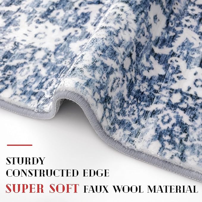 Vintage Floral 3x5 Rug, Light Blue White Entryway Rug Small Area Rug Washable Non-Slip Throw Rug, Thin Printed Faux Wool Low-Pile Kitchen Rugs Super Soft Capet for Entrance Bedroom Office