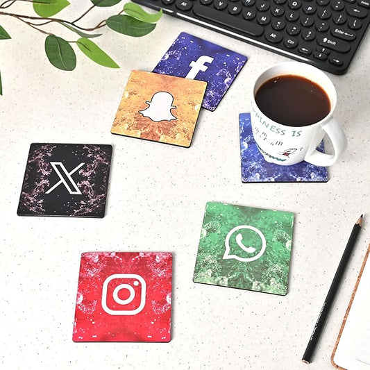 GKD Social Media Wooden Coasters for Drinks, MDF Wooden Coasters Set of 6 with Holder, 3.8 inches Eco-Friendly Absorbent Coaster for Coffee Table, Office, Bar, Drinking Glasses, Tabletop Protection