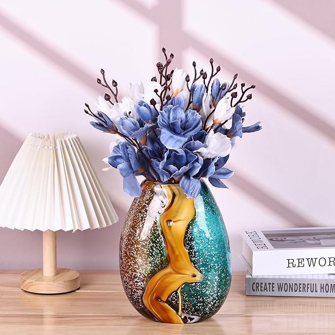 Teal Glass Vase,Hand Blown Green Glass Flower Vases Bulk,Murano Glass Vases,Unique Table Glass Decor, Flowers with Vase Decorative,Teal Vase Decor,for Bookshelf,Living Room,Office,Gift (S)