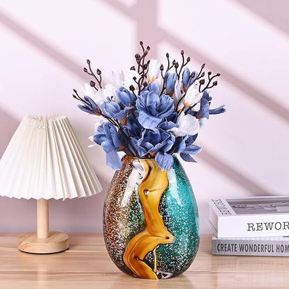 Teal Glass Vase,Hand Blown Green Glass Flower Vases Bulk,Murano Glass Vases,Unique Table Glass Decor, Flowers with Vase Decorative,Teal Vase Decor,for Bookshelf,Living Room,Office,Gift (S)