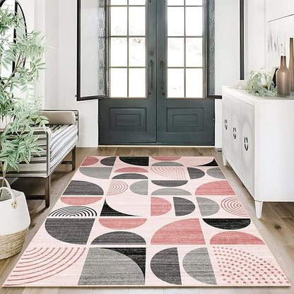 MUJOO Pink Rug Boho Washable,3x5 Area Rugs for Bedroom Entryway Living Room Bedside,Small Throw Floor Carpet Non Slip Soft Indoor Modern Abstract Pink and Grey