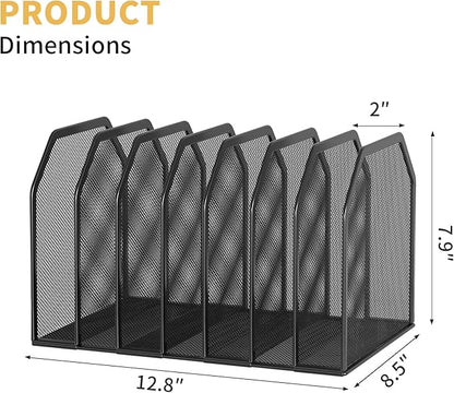 Metal 7-Section File Folder Organizer for Desk | Vertical Office File Holder | Heavy-Duty Mesh Document Sorter for Books, Binders, Laptops | Black Desk Organizer (12.8”x8.5”x7.9”)