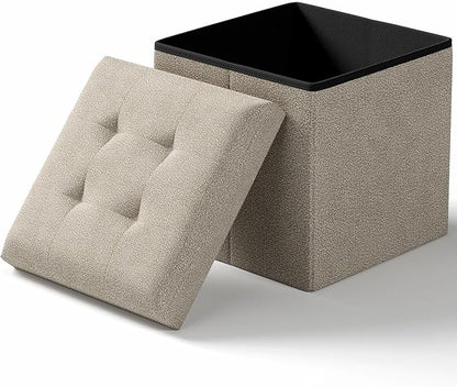 Folding Storage Ottoman Bench, Multi-Functional Ottoman Foot Rest, End of Bed Bench, Storage Chest for Living Room, Bedroom, Hallway, Entryway, Holds Up to 300 lbs (Beige, 15 Inches)