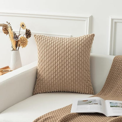 Kevin Textile Tan Throw Pillow Covers Soft Corduroy Decorative Set of 2 Boho Striped Pillow Covers Pillowcases Farmhouse Home Decor for Couch Bed Sofa Living Room 26x26 Inch