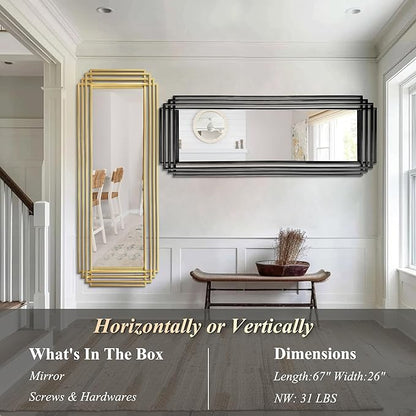 Large Geometric Wall Mirror, 67"x26" Modern Rectangle Full Length Mirror with Gold Metal Frame, Elegant Art Deco Mirror for Living Room Entryway Hallway, Hangs Vertically or Horizontally