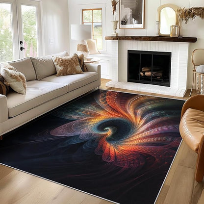 Abstract Rug 7x10, Washable Psychedelic Swirl Rugs for Living Room Bedroom, Fractal Spiral Area Rug for Home Decor, Non Slip Backing Floor Carpet with Gripper - 7 x 10 ft