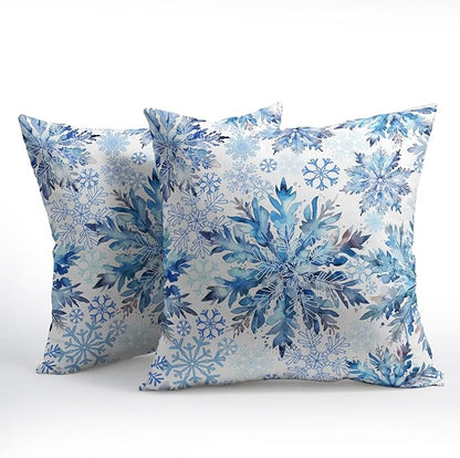 Christmas Pillow Covers 20x20 Set of 2 Decorations Blue White Snowflakes Throw Pillow Covers Decorative Vintage Winter Pillow Case Farmhouse Rustic Pillowcases Cozy Soft for Sofa Bed Chair Home Decor
