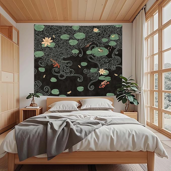Lifeella Japanese Tapestry, Koi Pond Tapestry, Abstract Lotus Lily Wall Hanging, Zen Nature Aesthetic Art Wall Decor for Bedroom Living Room Dorm, Black 60x80 inches