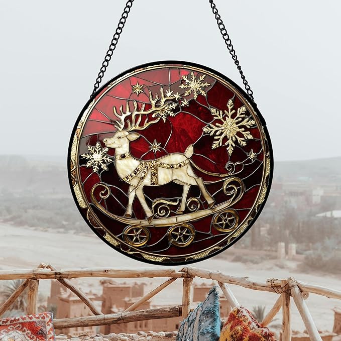 DASTOLL Stained Glass Window Hanging 4 Pcs Set Red Christmas Elk Snowflakes 6.3" - Deer Suncatcher Door Garden Sun Catcher Decor Birthday for Mom Woman Nana Men Friend