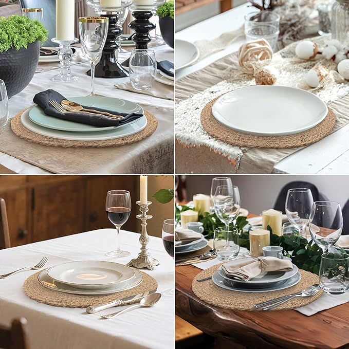 12 Inch Round Woven Placemats Set of 6, Natural Jute Braided Placemats, Boho Farmhouse Place Mats, Heat Resistant, Sound Table Mats for Dining Table, Kitchen, Outdoor, Home Decorations, Wedding