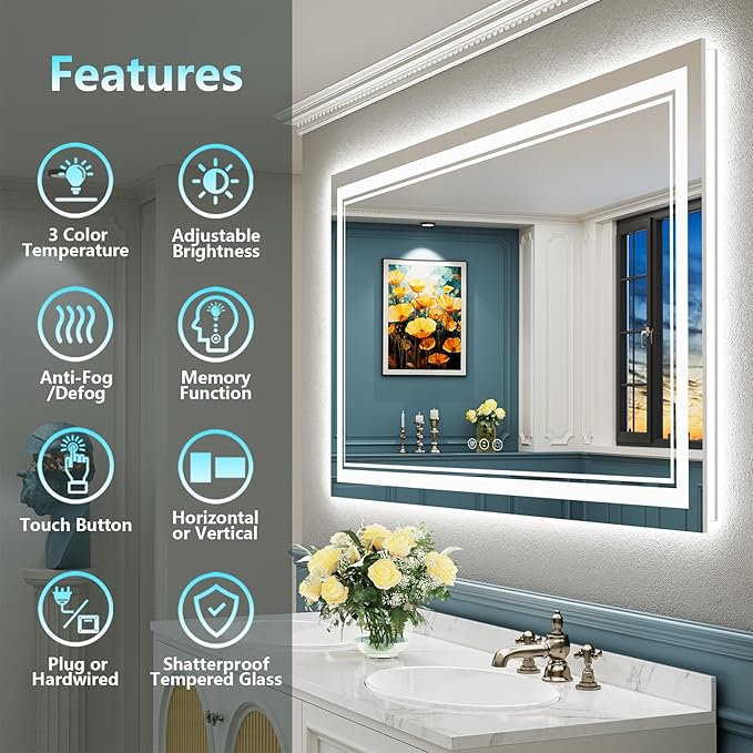 55x30 LED Bathroom Mirror with Lights, Backlit + Front Lit, Anti-Fog Lighted Vanity Mirror for Bathroom Wall with 3 Colors, Stepless Dimmable, Memory, Shatter-Proof, Tempered Glass, ETL Listed