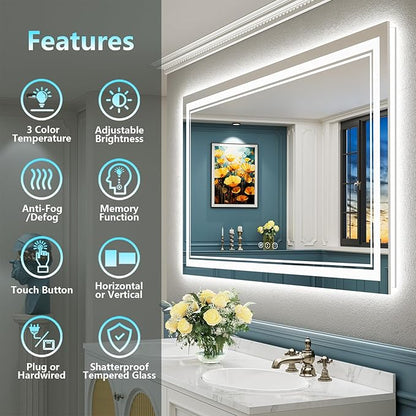 55x30 LED Bathroom Mirror with Lights, Backlit + Front Lit, Anti-Fog Lighted Vanity Mirror for Bathroom Wall with 3 Colors, Stepless Dimmable, Memory, Shatter-Proof, Tempered Glass, ETL Listed