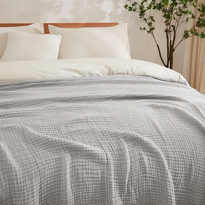 EMME Cotton Muslin King Blanket Big Oversized Bed Layering Bedspread Coverlet Breathable Gauze Soft Lightweight Blankets (Light Grey, 120"x94")
