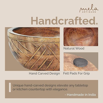Mela Artisans Wooden Fruit Bowl | Light Burnt Finish | 9” Decorative Mango Wood Serving Bowl | Multipurpose for Kitchen Countertop | Salad | Dessert | Snacks | Breads & More | Natural Grain Pattern