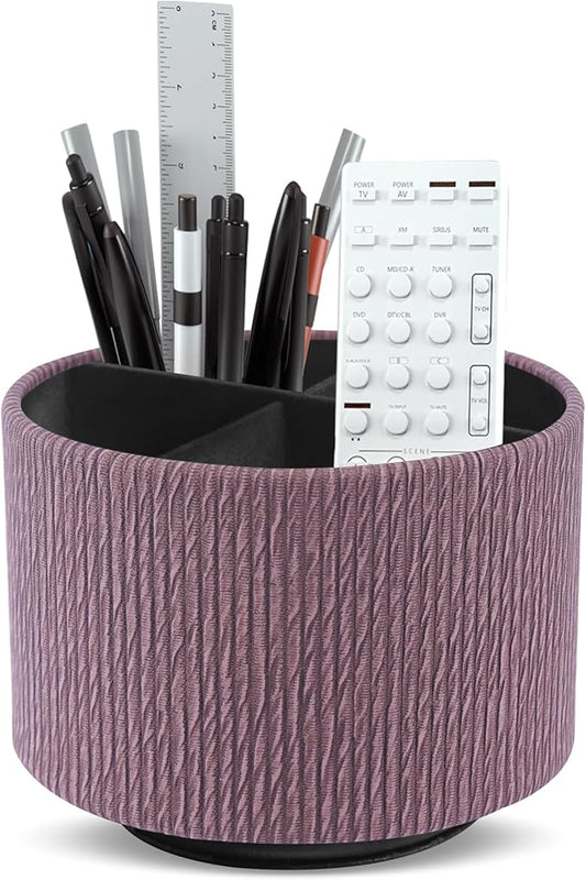 Round Leather Art Supply Organizer,Remote Control Holder,360 Degree Spinning,Multi-Functional Pencil Holder,4 Compartments Desktop Stationary Organizer(1-Wood Brown)