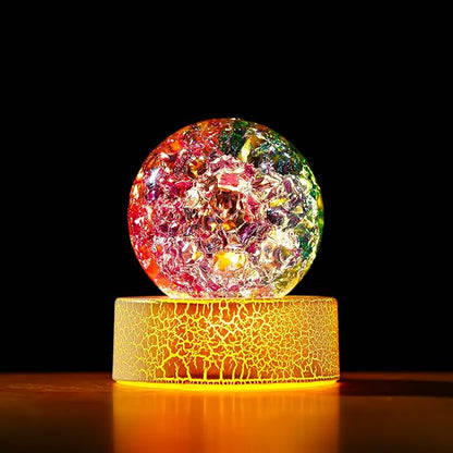 ZEERSHEE 2.3inch Colorful Ice Cracked Crystal Ball with Warm Light Base Glass Decorative Ball Paperweight Home Decor Fengshui Accessories Ornament
