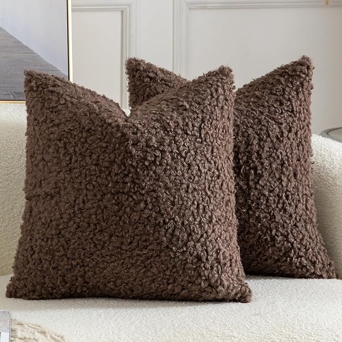 Yaertun Pack of 2 Faux Fur Throw Pillow Covers Decorative Sherpa Boucle Pillow Covers Fuzzy Soft Pillowcases Sheepskin Fleece Cushion Case for Couch Sofa Bed Living Room 22x22 Inch Chocolate