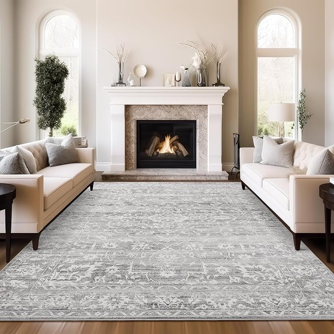 9x12 Area Rug for Living Room, Stain Resistant Washable Rugs for Dining Room, Bedroom, Floral Vintage Non-Slip Grey Rug