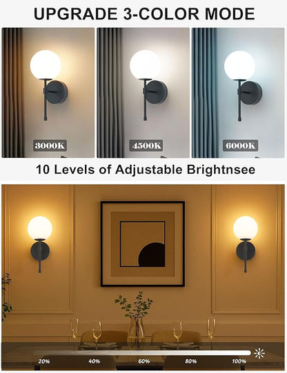 Battery Operated Globe Wall Sconces Set of 2, Black Wireless Wall Lights with Remote Control, Rechargeable 3 Color Stepless Dimming Modern Wall Decor Lamp for Bedroom Living Room Hallway