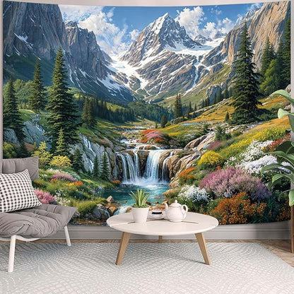kampdream Snow Mountain Tapestry, Majestic Peaks and Creek Landscape Wall Hanging, Nature Home Decor for Bedroom and Living Room Wall Art Decoration