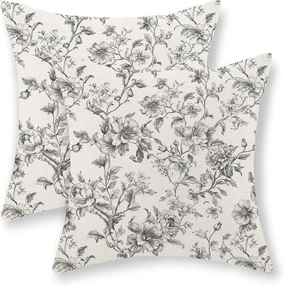 Black and Cream Pillow Covers 18x18 Set of 2 Vintage Floral Chinoiserie Throw Pillows Rustic Toile Flower Decorative Pillow Cases Outdoor Chinoiserie Decor Linen Cushion Case for Couch Sofa