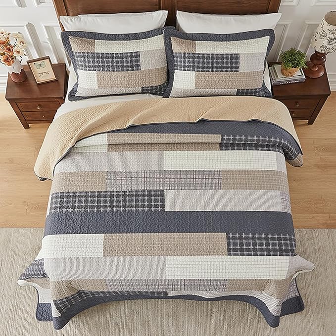 SahSahCasa 128"x120" 100% Cotton Oversized California King Bedspread Coverlet Quilt Set, Plaid Cal King Quilted Bedspread Extra Large Quilt, XL Bed Spread Lightweight Comforter, Dark Slate Gray