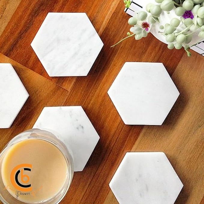 Coasters for Drinks - Set of 6 Modern Coasters - 4" Wide Drink Coasters - Made from Real Solid Marble White Marble Coasters Hexagon Shape