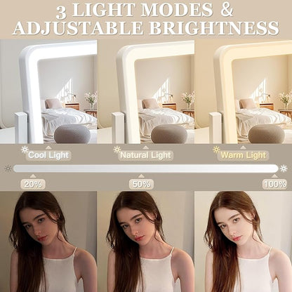 ROLOVE Vanity Mirror with Lights, 14"×12" LED Makeup Mirror, Lighted Makeup Mirror with Lights, Smart Touch Control 3 Colors Dimmable, Lighted Up Mirror for Makeup Desk, Bedroom, Women Gift