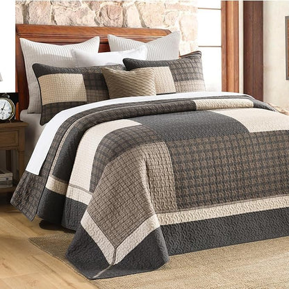 Oversized Quilt Bedspread 120"x120", 100% Cotton Patchwork King Bedspreads Coverlet Set with Pillow Cases, Lightweight Quilted Farmhouse Bedding Cover, 3 Piece, Brown/Beige/Gray