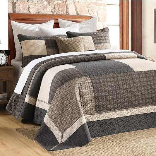 Oversized Quilt Bedspread 120"x120", 100% Cotton Patchwork King Bedspreads Coverlet Set with Pillow Cases, Lightweight Quilted Farmhouse Bedding Cover, 3 Piece, Brown/Beige/Gray