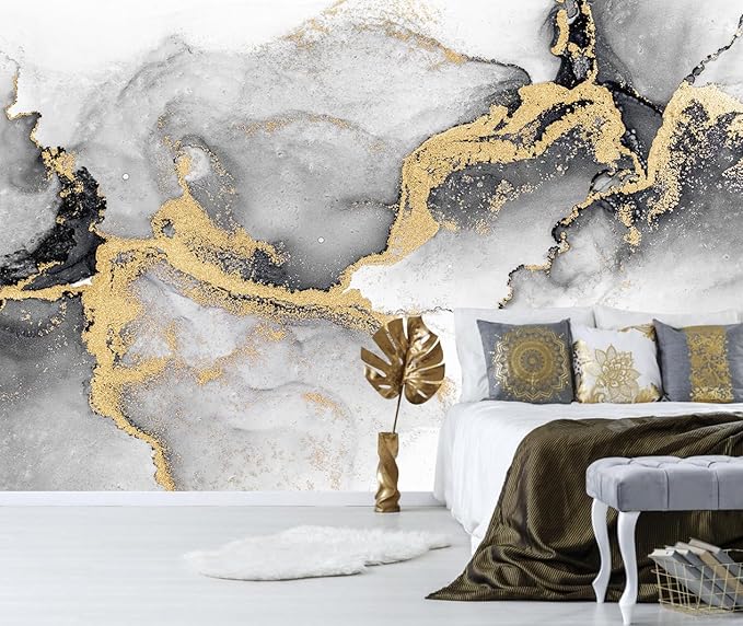 Black Gold Marble Wallpaper Abstract Ink Art Large Background Mural Living Room Office（Not Peel and Stick）