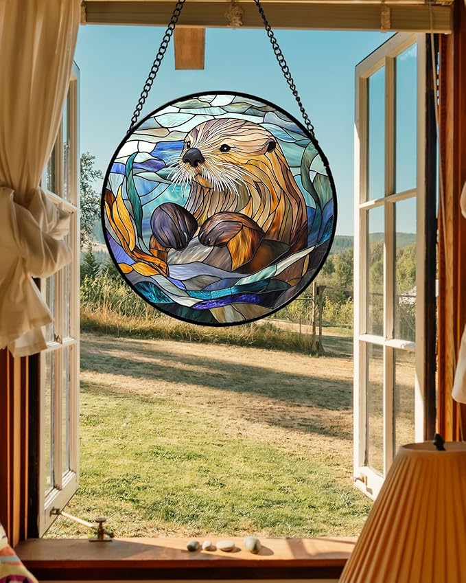 Stained Glass Suncatcher, Blue Ocean Cute Sea Otter Sun Catcher Stain Glass Window Hanging Decoration Mother's Day Birthday Gifts for Women Men Mom Nana 9.8 in