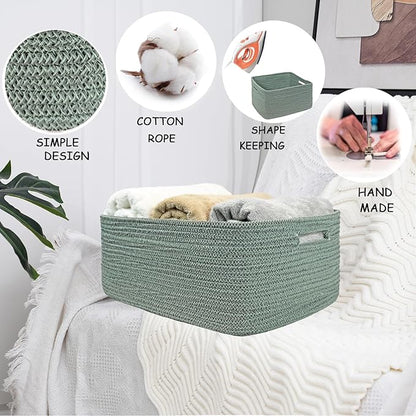 COMFY-HOMI 3 pcs Large Storage Baskets for Shelves, Laundry Basket, Woven Rope Basket, Closet Organizer Bins for Clothes Blanket Towels, Baby Nursery, Gift Toy Baskets, 17” x 13” x 7.5”-Green