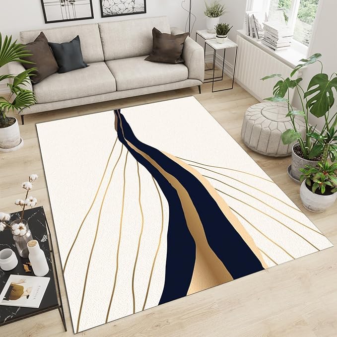 Golden Line Cracks Area Rug, Abstract Gold Line Art Home Decor Rug, Easy Clean Carpet for Living Room Bedroom Kitchen Dining Room Home Office Floor Rug 5ftx7ft
