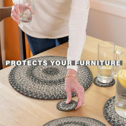 Homespice Flint Hill Jute Woven Round Placemats Set of 6, 15", Warm Primitive Decor, Grey Table Mats - Vibrant Colors, Durable, Easy to Clean and Protects Furniture