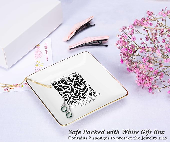 NZY Affirmation Positive Birthday Christmas Gift,Inspirational Christian Scripture Religious Bible Verse Reminder Gift for Women,Wildflowers Grow-Encouragement Jewelry Tray Trinket Holder Ring Dish