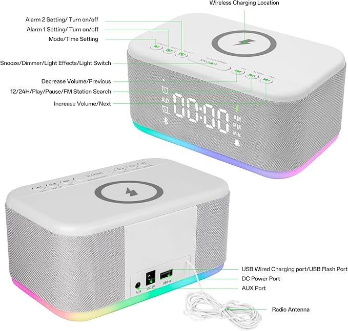 Bluetooth Alarm Clock Radio Bedroom, Digital Dual Alarm Clock Bedroom, Up to 10 Alarms Clock Night Light Speaker App/Button Control FM Charge Snooze Adjustable Volume Dim 12/24H, Grey