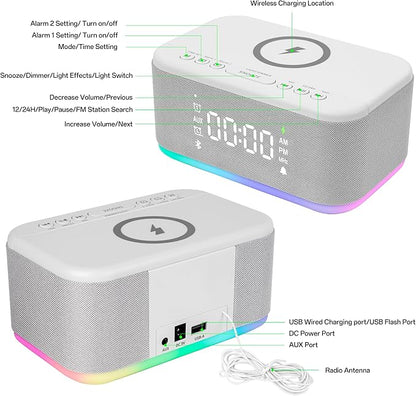 Bluetooth Alarm Clock Radio Bedroom, Digital Dual Alarm Clock Bedroom, Up to 10 Alarms Clock Night Light Speaker App/Button Control FM Charge Snooze Adjustable Volume Dim 12/24H, Grey